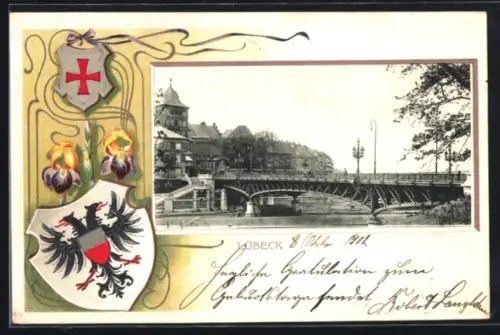 Passepartout-Lithographie Lübeck, Burgthorbrücke, Wappen
