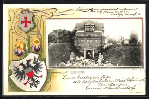 Passepartout-Lithographie Lübeck, Navigations-Schule an der Trave, Wappen