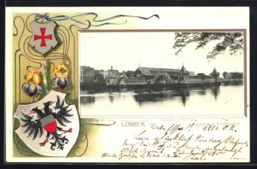 Passepartout-Lithographie Lübeck, Badeanstalt Krähenteich, Wappen