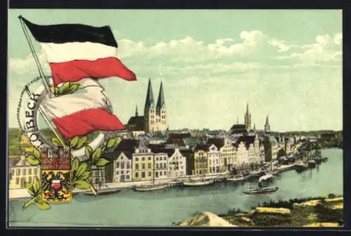 AK Lübeck, Teilansicht mit Kirche, Rettungsring und Fahne