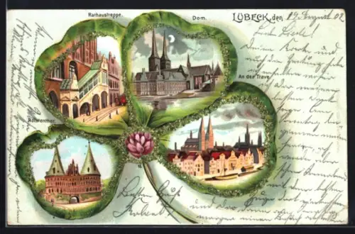 Passepartout-Lithographie Lübeck, Dom, Rathaustreppe & Holstentor im Kleeblatt