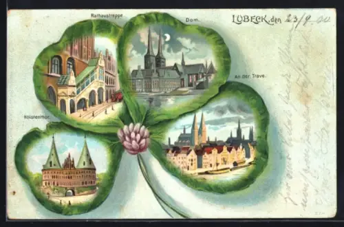 Passepartout-Lithographie Lübeck, Dom, Rathaustreppe & Holstentor im Kleeblatt