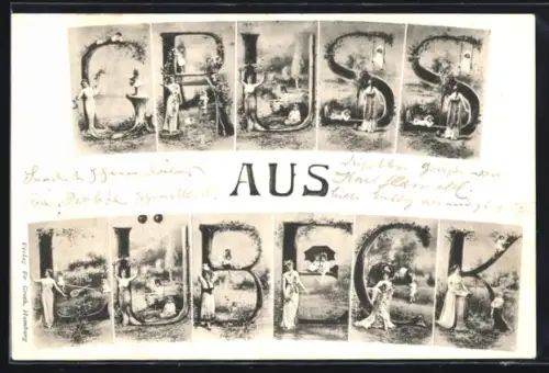 Grusskarten-AK Lübeck, Buchstaben Gruss aus Lübeck mit Frauen und Kindern