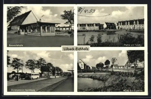 AK Lübeck-Eichholz, Buswartehalle, Zonengrenze Herrnburg, Teich