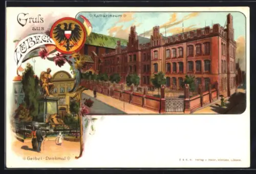 Lithographie Lübeck, Katharineum, Geibel-Denkmal