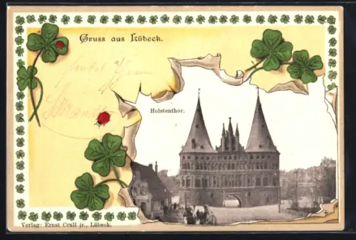 Lithographie Lübeck, Holstenor, Kleeblätter mit Marienkäfern, Passepartout