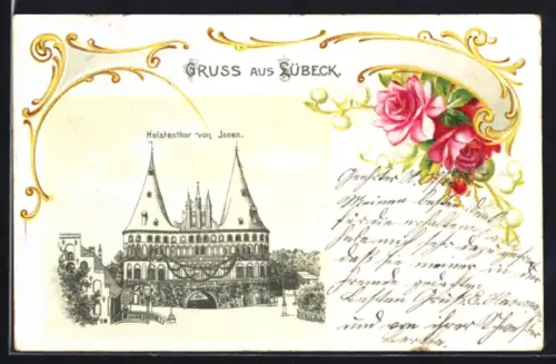 Lithographie Lübeck, Holstentor von Innen, Rosen, Passepartout
