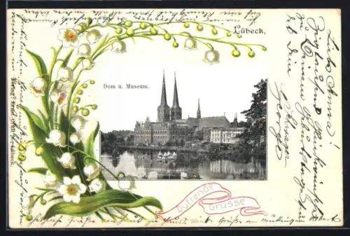Lithographie Lübeck, Dom und Museum, Maiglöckchen, Passepartout