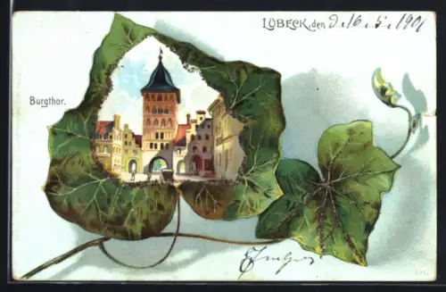 Passepartout-Lithographie Lübeck, Burgthor im Weinblatt