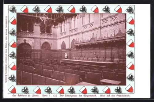 Lithographie Lübeck, Rathaus, Sitzungssaal der Bürgerschäft, Blick auf den Präsidialtisch, Wappen, Passepartout