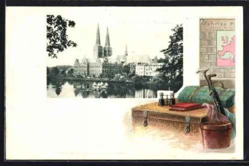 Passepartout-Lithographie Lübeck, Dom und Museum, Truhe mit Fernglas