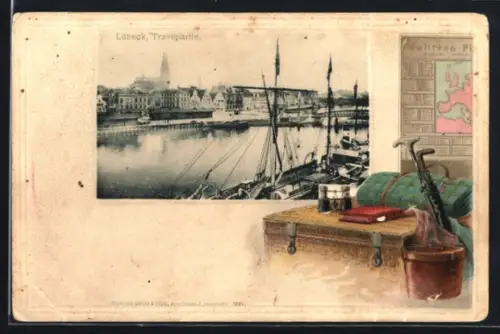 Passepartout-Lithographie Lübeck, Travepartie mit Kirche, Fernglas auf Truhe