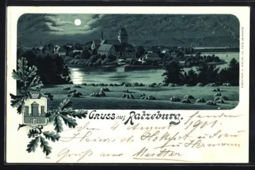 Lithographie Ratzeburg, Ortspartie mit Kirche bei Mondschein