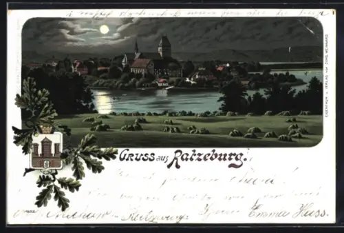 Lithographie Ratzeburg, Panorama und Wappen