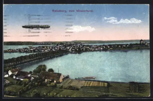 AK Ratzeburg, Teilansicht mit Zeppelin vom Wasserturm aus