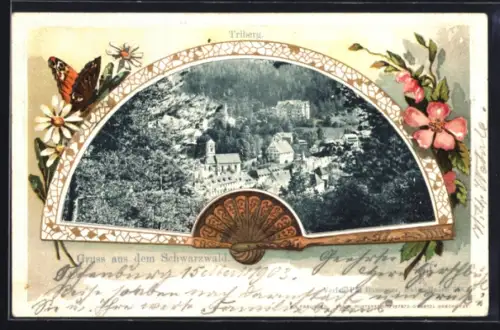 Passepartout-Lithographie Triberg /Schwarzwald, Teilansicht aus der Vogelschau, Fächer und Schmetterlinge