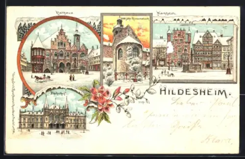 Winter-Lithographie Hildesheim, Rathaus, Bahnhof, Rosenstock und Marktplatz