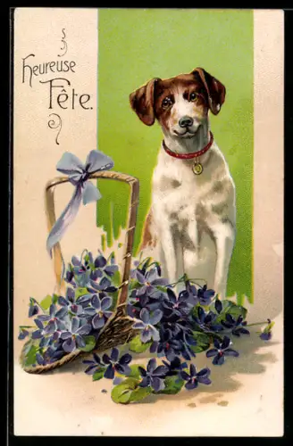 AK Namenstag, Terrier vor einem Korb mit Veilchen