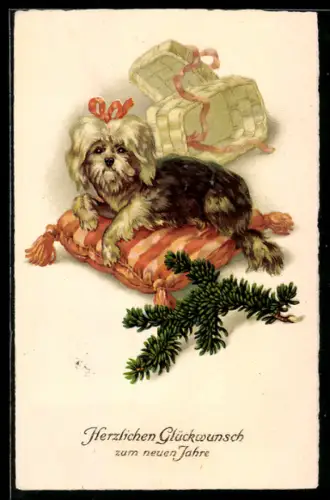 AK Terrier auf einem Kissen, Spanschachtel, Tannenzweig, Neujahrsgruss