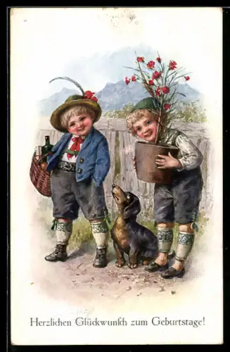 AK Zwei Trachtenbuben mit Dackel, Blume und Geschenkkorb, Geburtstagsgruss