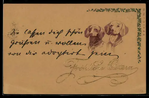 Präge-Lithographie Zwei Dackel mit Halsbändern, Girlande, Ostergruss