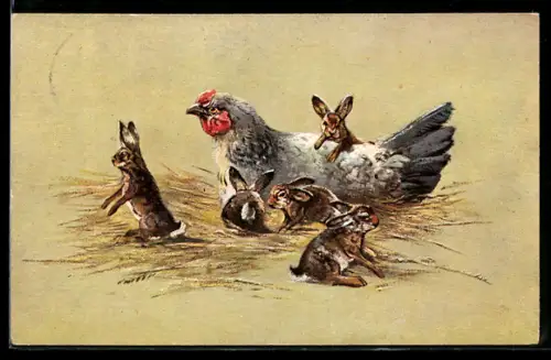 AK Riesenhuhn und kleine Hasen