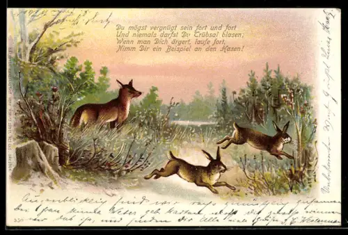 Lithographie Fuchs und flüchtende Hasen in Auenlandschaft