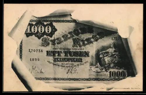 AK Schwedischer 100-Kronen-Schein im aufgerissenen Umschlag