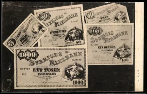 AK Schwedische Geldscheine: 5, 10, 50, 100 u. 1000 Kronen