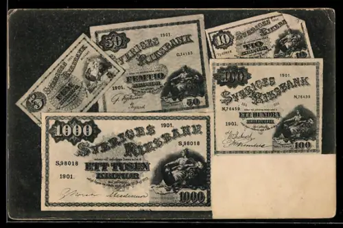 AK Ausgebreitete Schwedische Geldscheine: 5, 10, 50, 100 u. 1000 Kronen