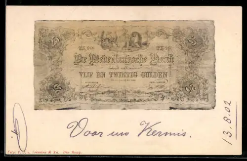 AK Vijf en Twintig Gulden, De Nederlandsche Bank, leicht angekokelter Geldschein