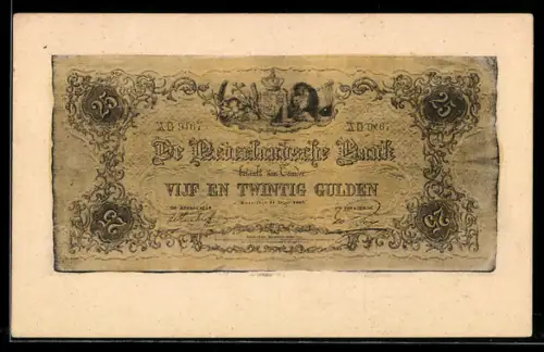 AK Vijf en Twintig Gulden, Nederlandsche Bank, Angekokelter Geldschein