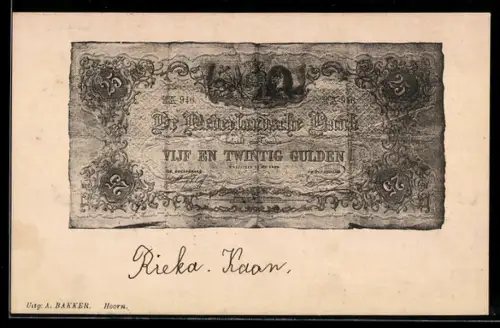 AK Vijf en Twintig Gulden, De Nederlandsche Bank, An Rändern angekokelter Geldschein