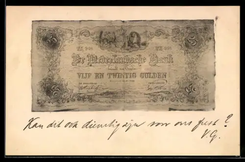 AK 25 Gulden, Nederlandsche Bank, an den Rändern angekokelter Geldschein