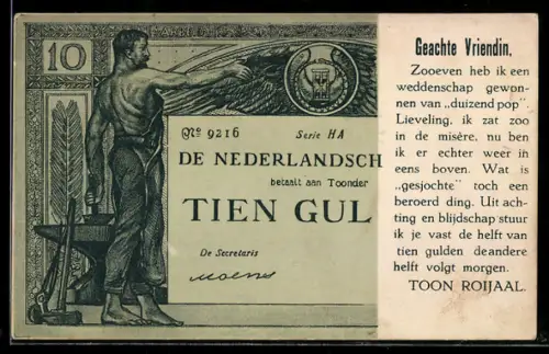 AK De Nederlandsche Bank betaalt aan Toonder Tien Gulden, Geachte Vriendin...