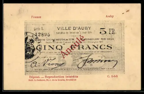 AK Auby, Bon de Cinq Francs, Annulé