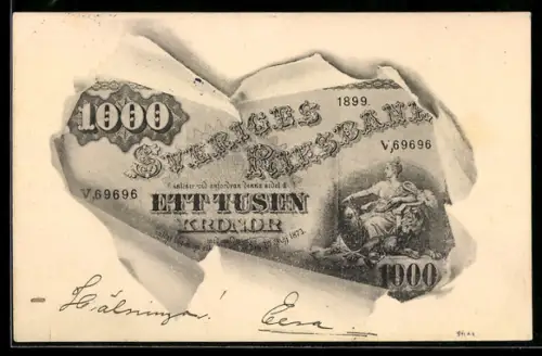 AK 1000 Kronen der Schwedischen Reichsbank im aufgerissenen Umschlag