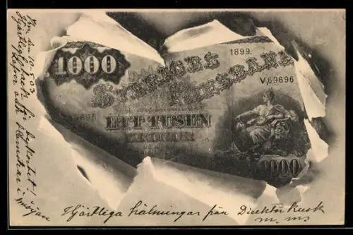 AK Schwedische Reichsbank, 1000 Kronen, Geldschein im aufgerissenen Umschlag