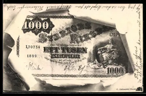 AK Schwedische Reichsbank, 1000 Kronen, Banknote im aufgerissenen Umschlag