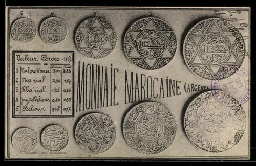 AK Monaie Marocaine..., Münzen, Umrechnungstabelle
