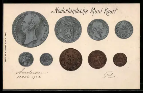 AK Nederlandsche Munt Kaart, verschiedene Münzen