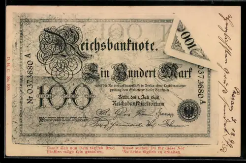 AK Berlin, Geldschein über einhundert Mark mit Knick