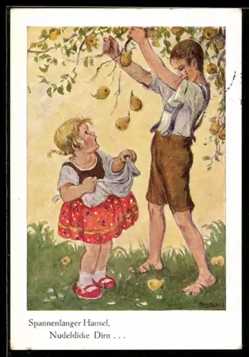 Künstler-AK Franziska Schenkel: Spannenlanger Hansel, Nudeldicke Dirn, Junge schüttelt Birnen vom Baum