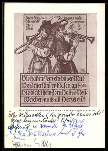 Künstler-AK Heinz Schiestl: Zwei Männer mit Trompete und Posaune Rücken an Rücken