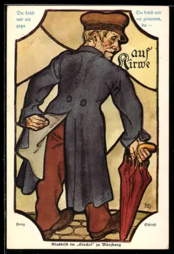 Künstler-AK Heinz Schiestl: Glasbild in der ältesten Weinstube Würzburgs Zum Stachel - Mann auf Kirwe