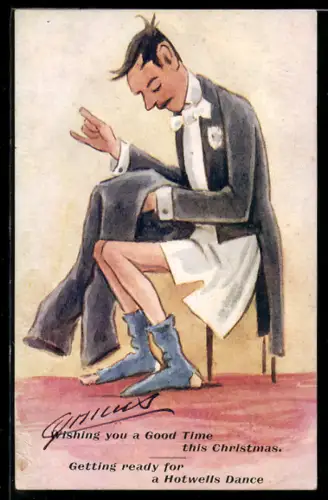 Künstler-AK Cynicus: Mann im Frack näht seine Hose