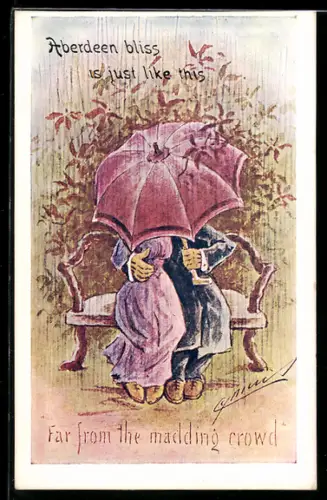 Künstler-AK Cynicus: Paar mit Regenschirm sitzt Arm in Arm auf einer Bank