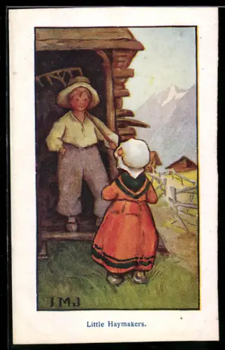 Künstler-AK I.M.J.: Mädchen spricht mit einem Bauernjungen