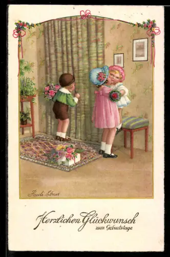 Künstler-AK Pauli Ebner: Kinder mit Geschenken und Blumenstrauss