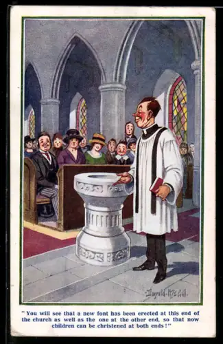 Künstler-AK Donald McGill: Szene in einer Kirche, Priester vor dem Taufbecken